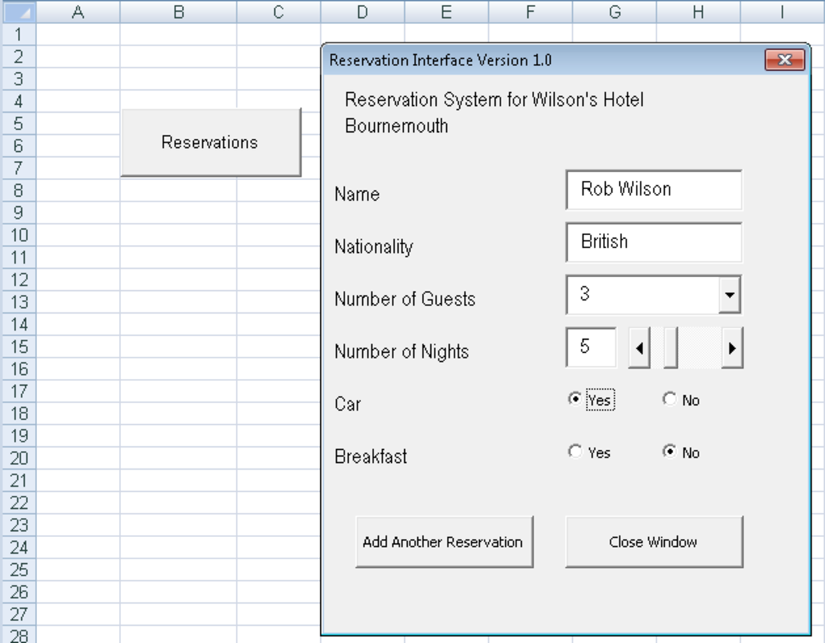 Hotel Reservation User Interface created using UserForms and Visual Basic code in Excel 2007 and Excel 2010.