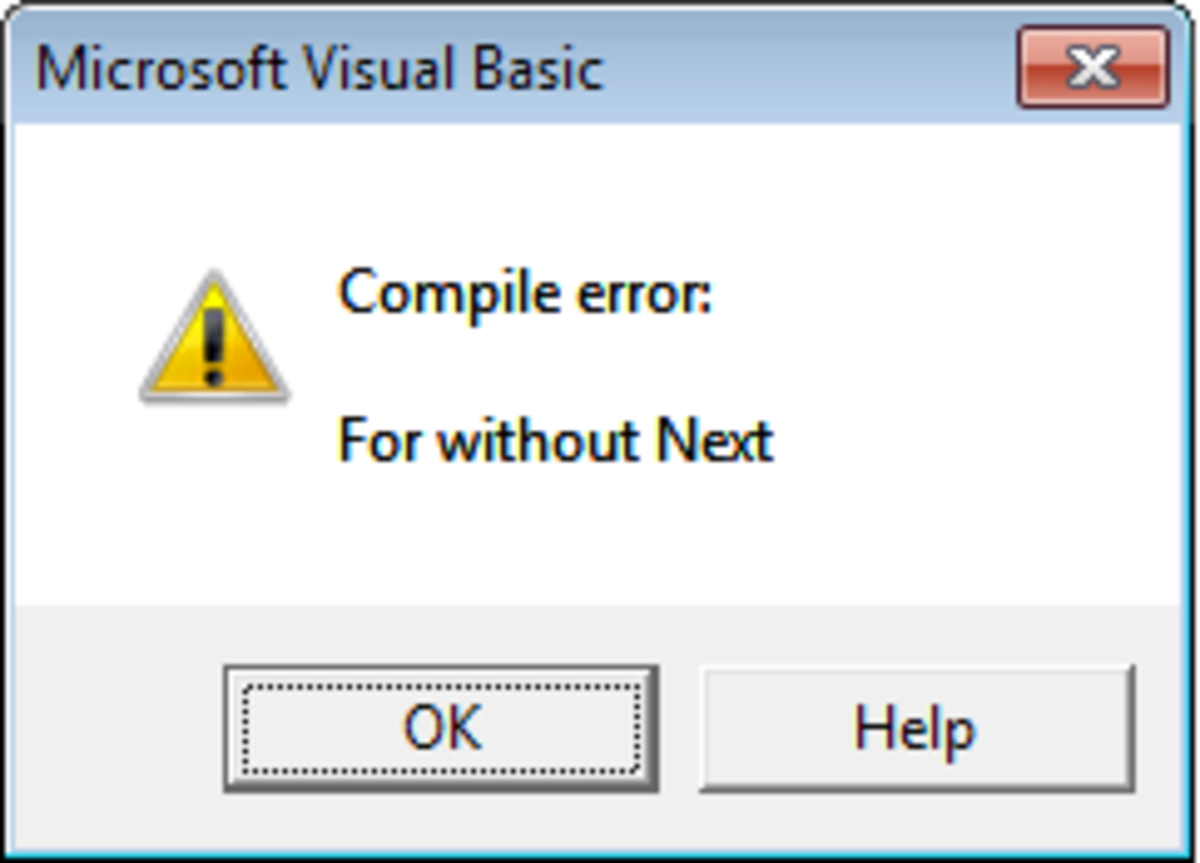 Example of the error received if a complete FOR NEXT statement is not present in Excel 2007 or Excel 2010 Visual Basic.