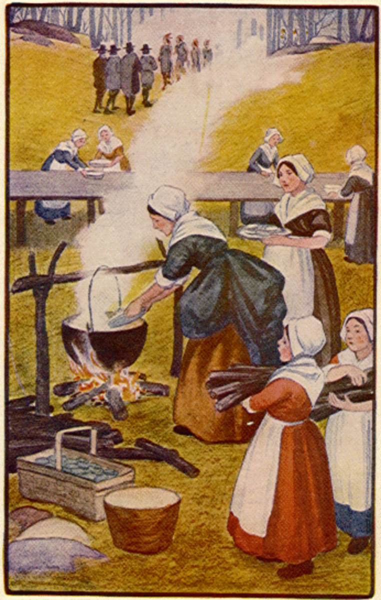 Pilgrim Women Preparing First Thanksgiving Meal While Men Go Hunting for Game