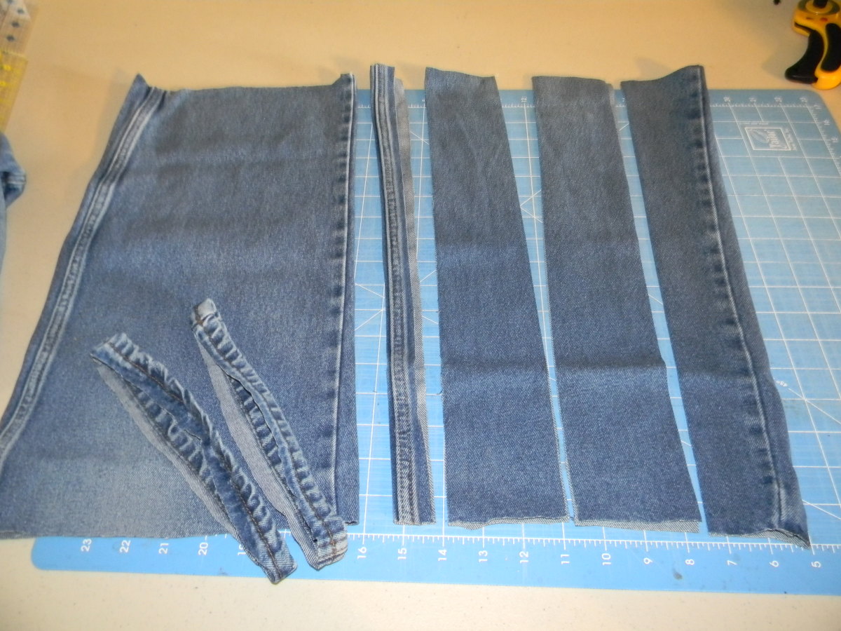Uncut pant Leg on Left.  Pant leg with bottom seam removed and sectioned into 2 sets of strips on the Right. 