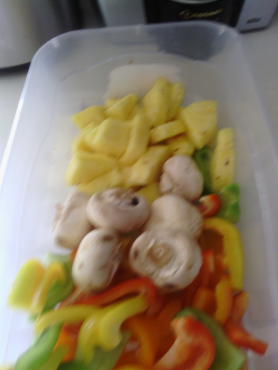 Cut up your choice of veggies or fruit. Mine was pineapple, mushrooms, onion, and colorful bell peppers.