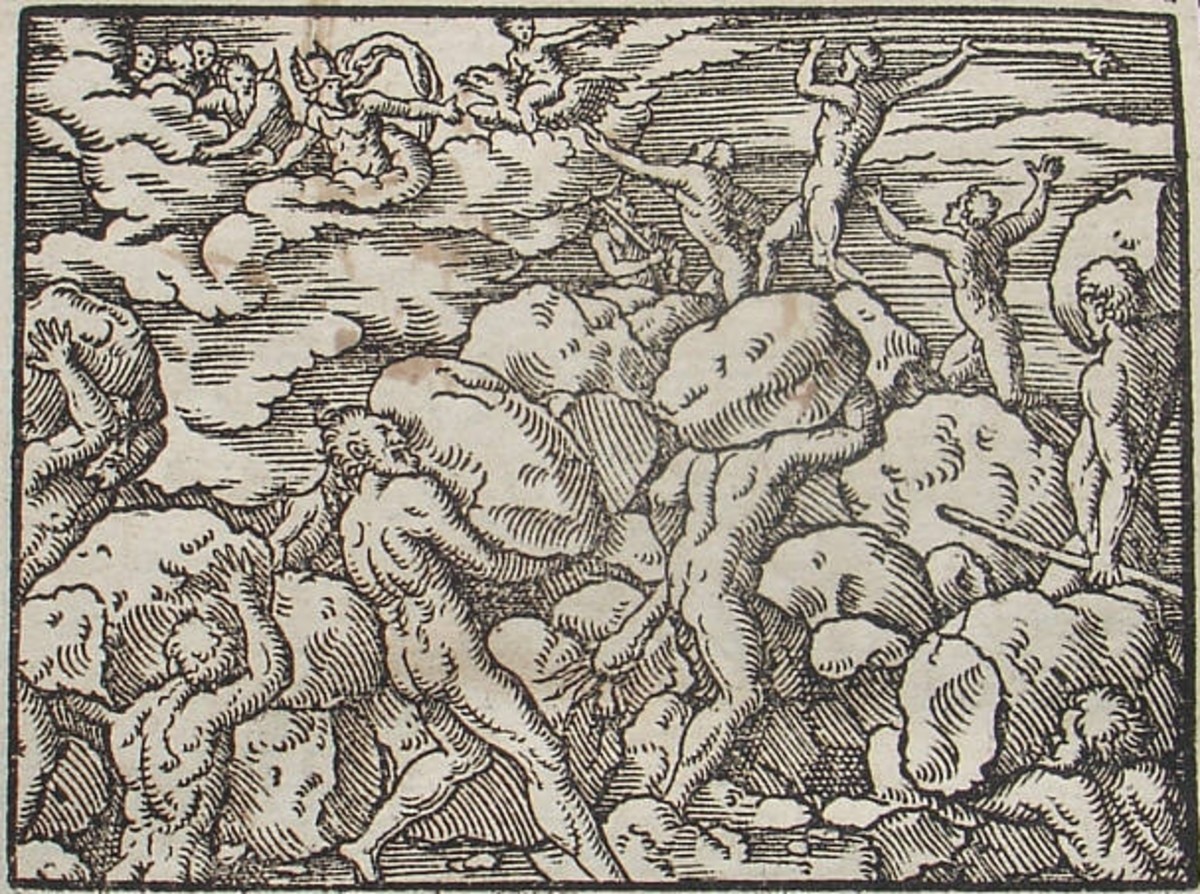 Gigantomachy. Engraving by Virgil Solis for Ovid's Metamorphoses Book I, 151-161. Fol. 4r, image 6. PD-art-100