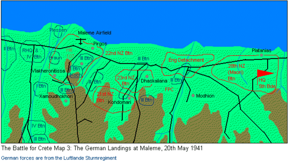 20th May positions near Maleme of British and Commonwealth troops before withdrawal south over the mountains to Sfaxia