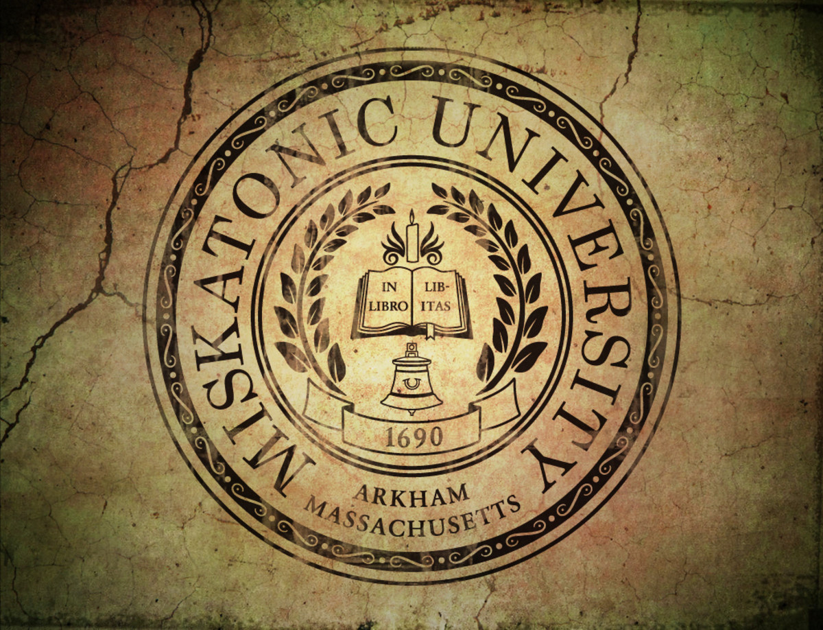 Seal of Miskatonic University, a fictional institute of higher learning from the stories of H. P. Lovecraft.