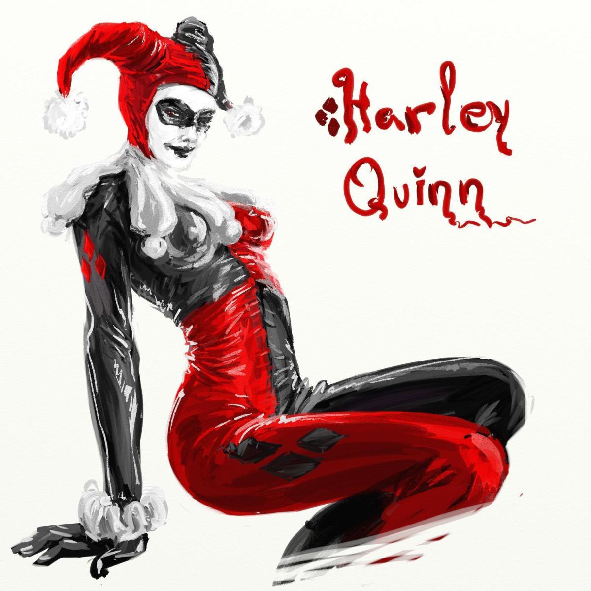 Here's Harley in the full half-black, half-red costume.