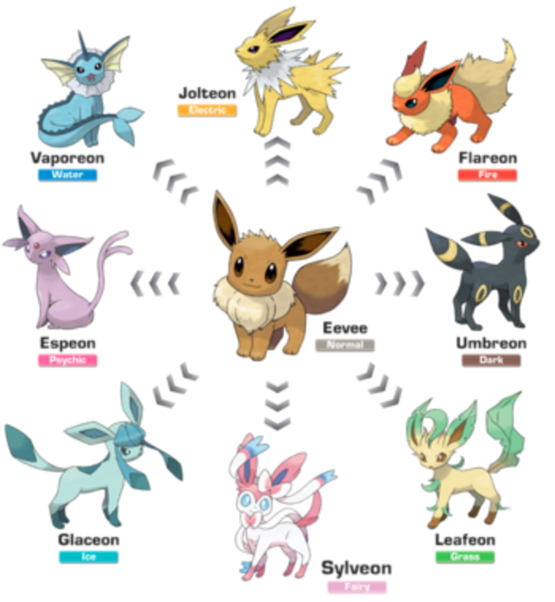 Eevee evolution chart. Note that currently only the Kanto generation of Pokemon has been released on Pokemon Go.