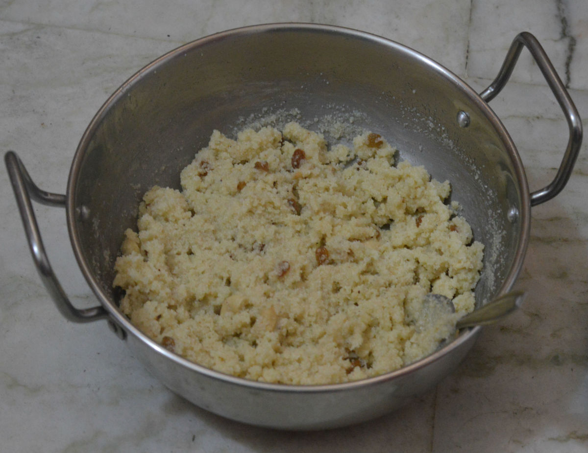 Step three: Make Rava laddu once the mixture is less hot.