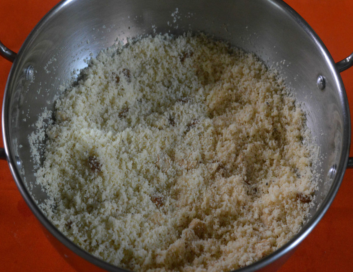 Step two: Prepare the semolina, sugar, cashew nuts and raisins mix as per instructions. 