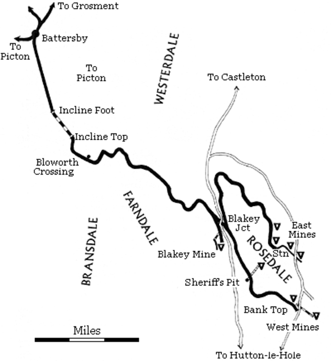The branch left Battersby Junction, climbed to Ingleby Incline, self-acting to Incline Top, across moorland to Blakey Jct before dividing - south to Rosedale West, around Rosedale Head to Rosedale East with spurs at Blakey and Rosedale West