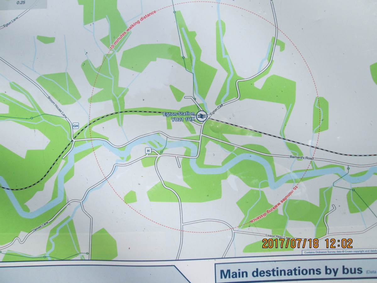 Map on the wall of Egton Station showing the line to east and west and the course of the River Esk as it winds its way through the lower village of Egton Bridge, on east toward Grosmont and Sleights before widening to the tidal range at Ruswarp weir 