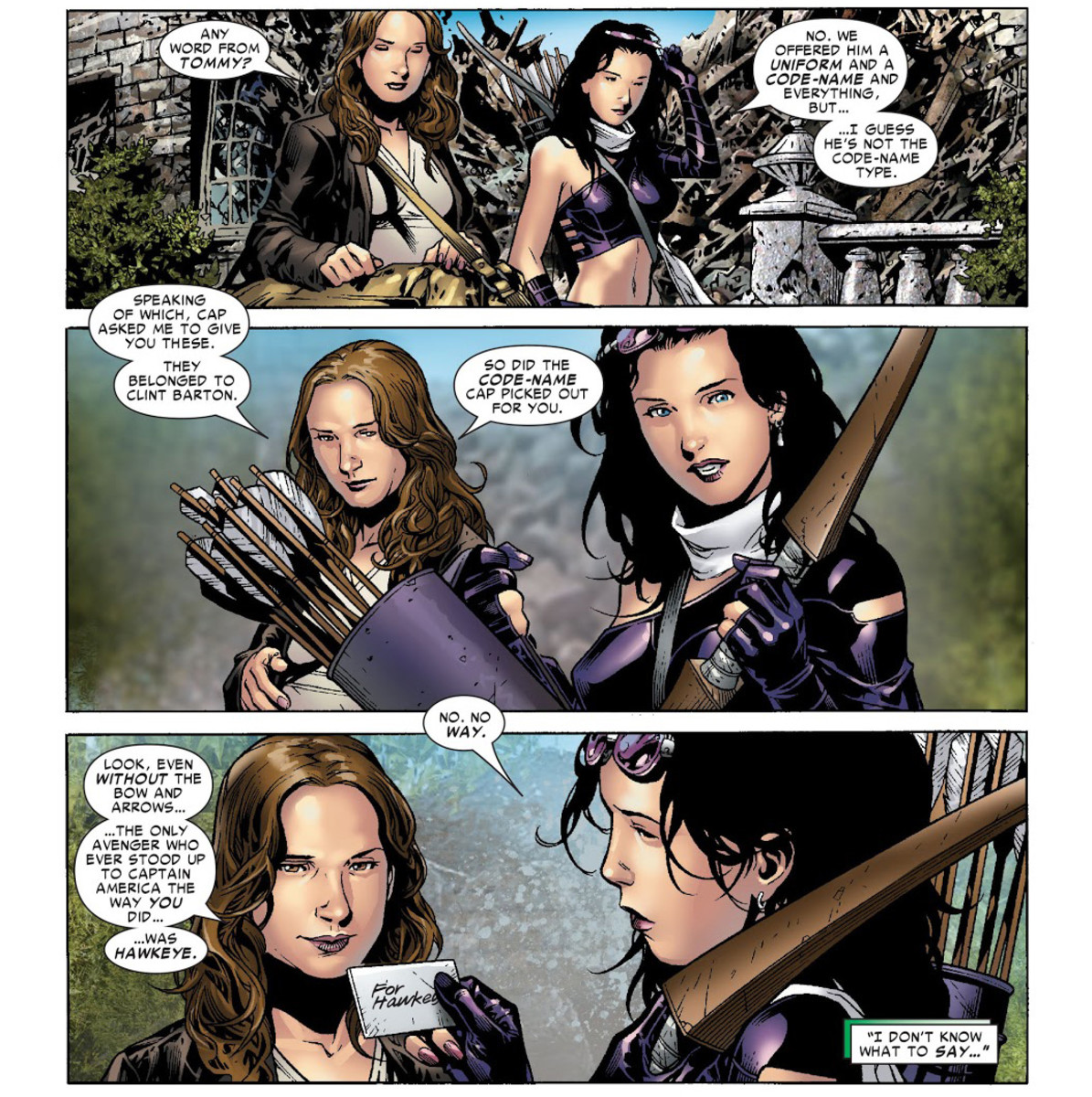 Panels from Young Avengers #12, shows Kate Bishop being given the mantle of Hawkeye.