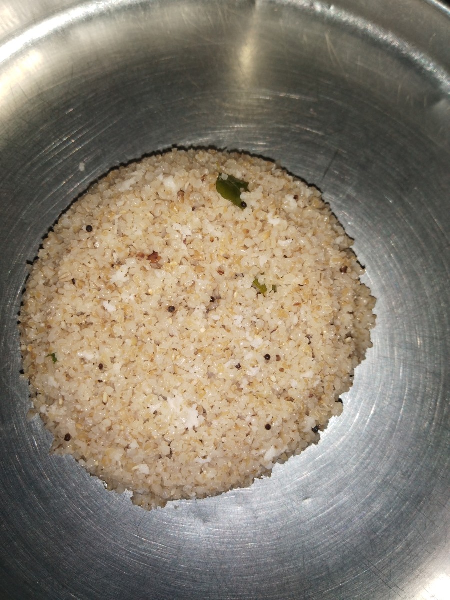 Healthy and tasty broken wheat upma is ready to eat.