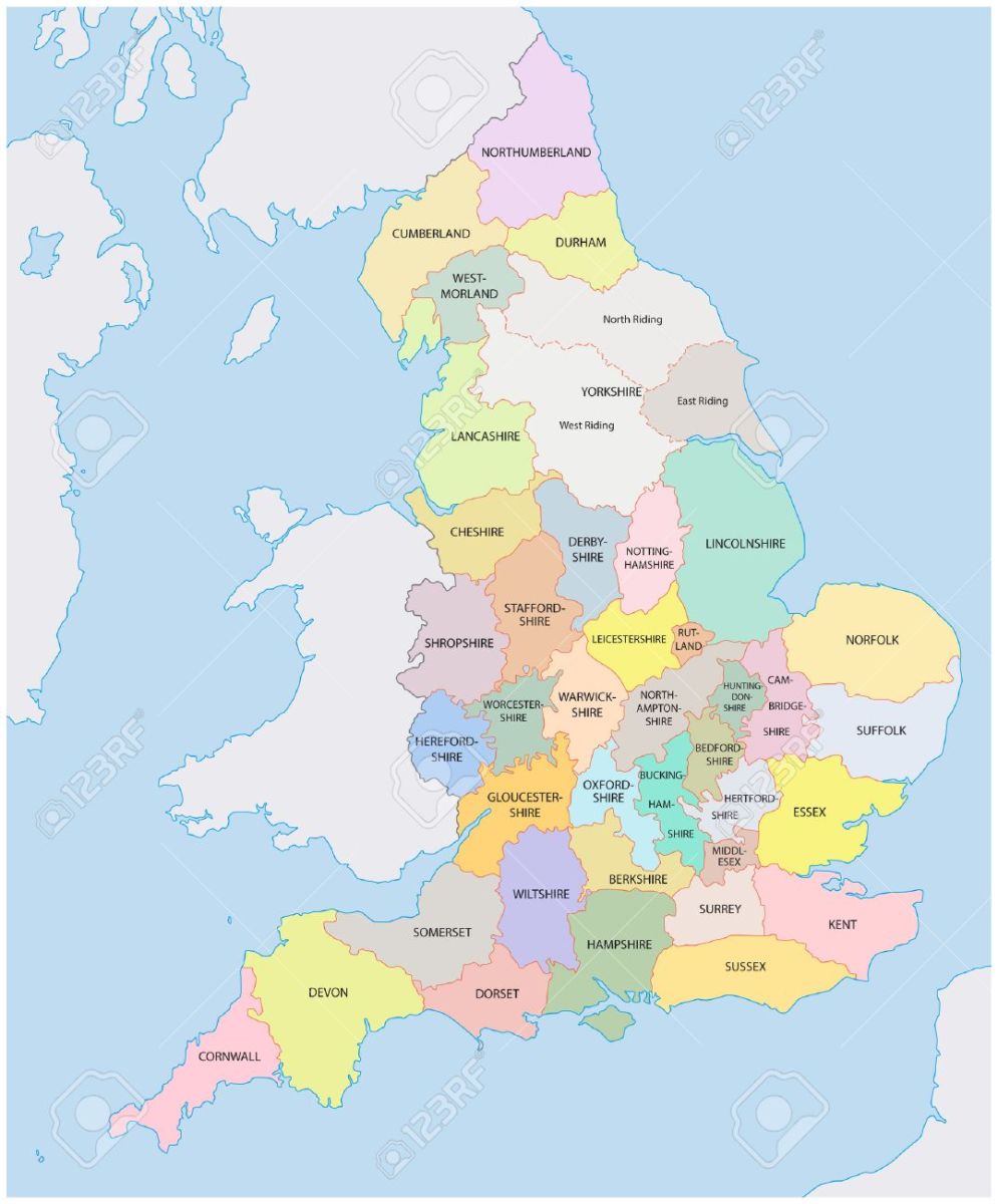 A map of the historic counties of England- note that Yorkshire is divided into three ridings- West, North and East.