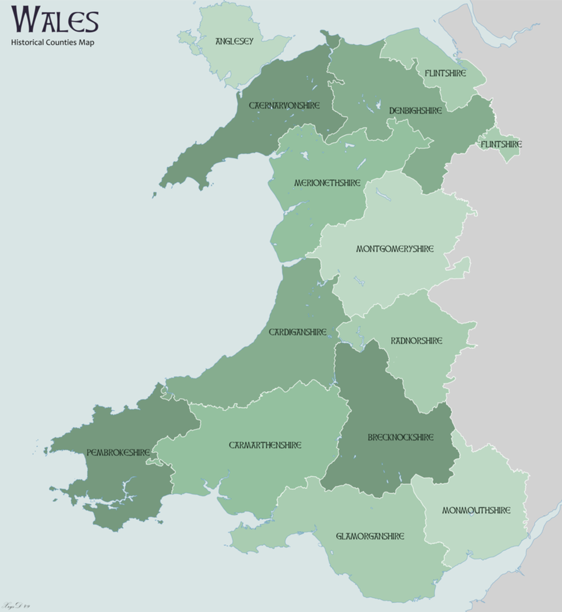 A map showing the historical or ancient counties of Wales.