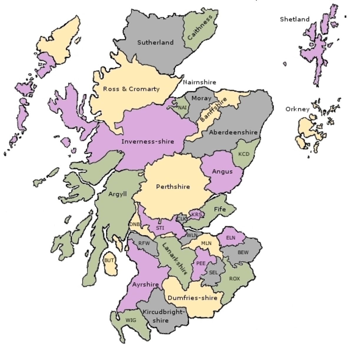 A map showing the historical counties of Scotland first established in 1284.
