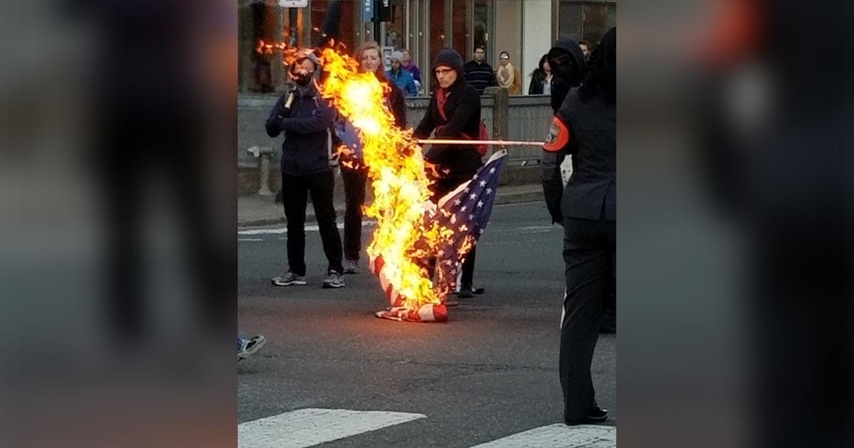 Antifa Ruffians burn an American Flag