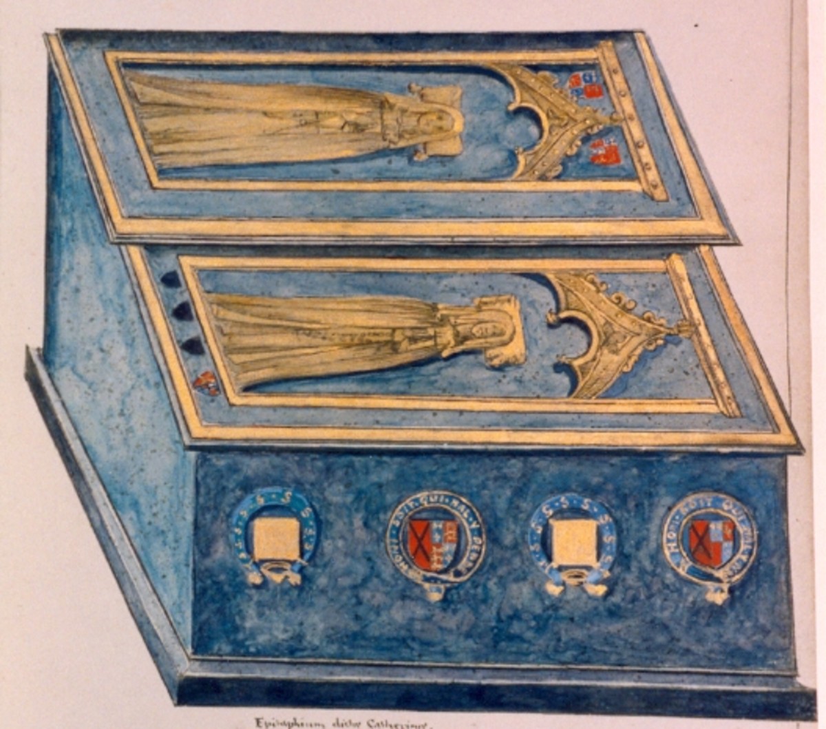 The joint tomb of Katherine and her daughter, Joan Beaufort, in Lincoln Cathedral. This is a 17th century drawing.