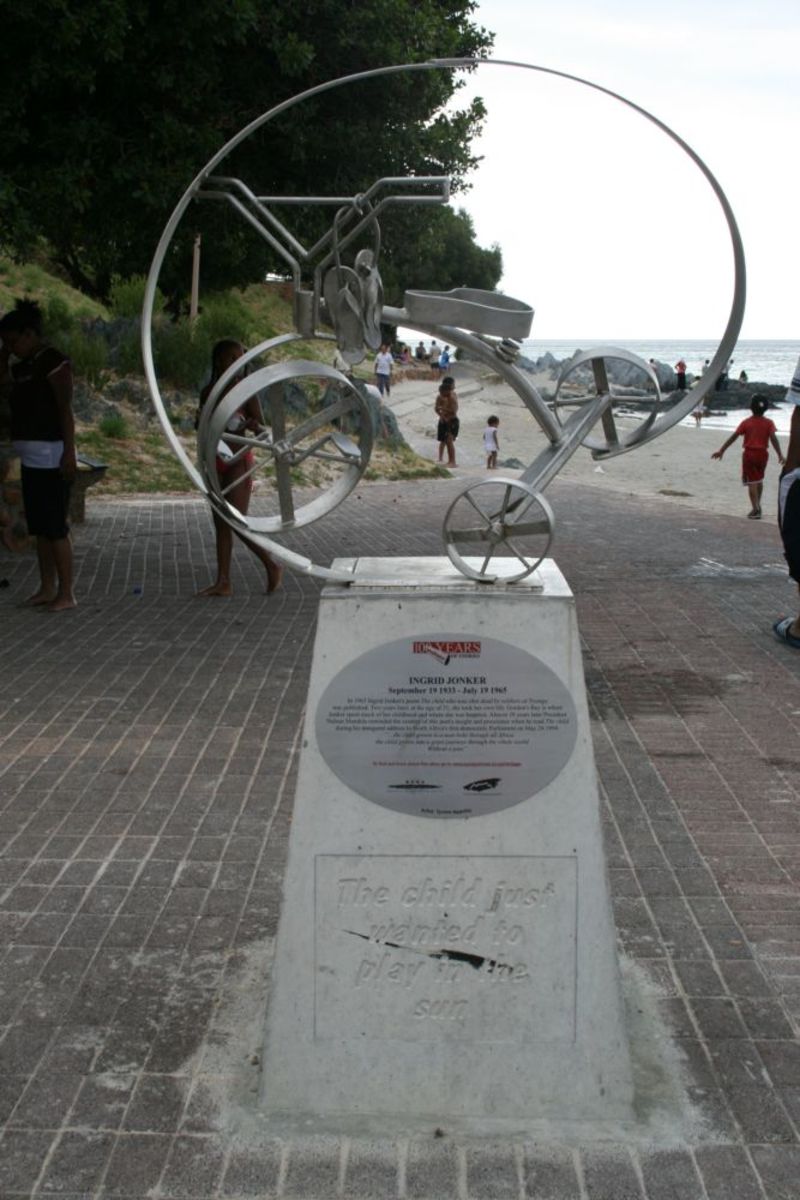 The memorial to Ingrid Jonker on the beach at Gordon's Bay with a brief quotation from the poem "The child who was shot dead..." Photo by Tony McGregor
