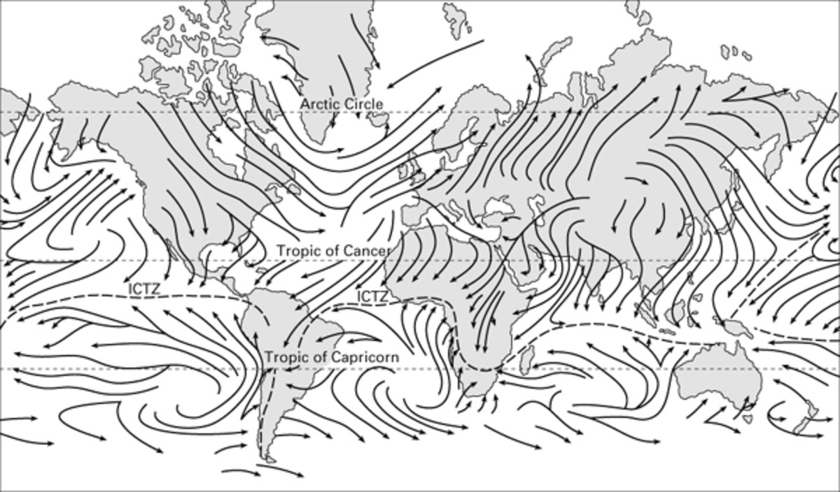 General wind patterns conform to the physics of the Coriolis effect and land masses that interrupt the pattern.