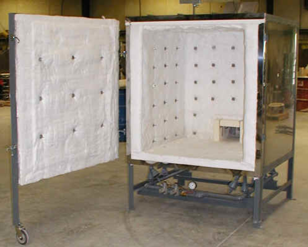 Gas kiln - A large front load gas kiln for firing pottery and ceramics. A gas kiln is ideal for reduction firing up to stoneware/porcelain temperatures. This kiln is made of ceramic fibre. Image Credit: Olympic kilns http://www.Bigceramicstore.com