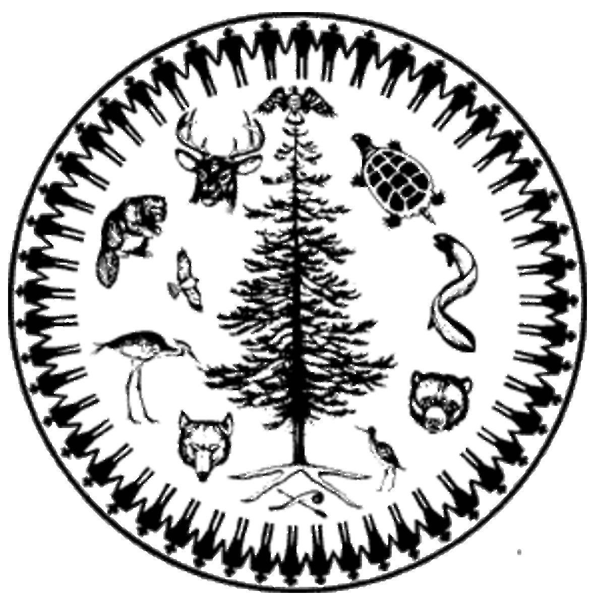 Seal of the Haudenosaunee. The people around the outside ring are the 50 tribal chiefs, men and women.