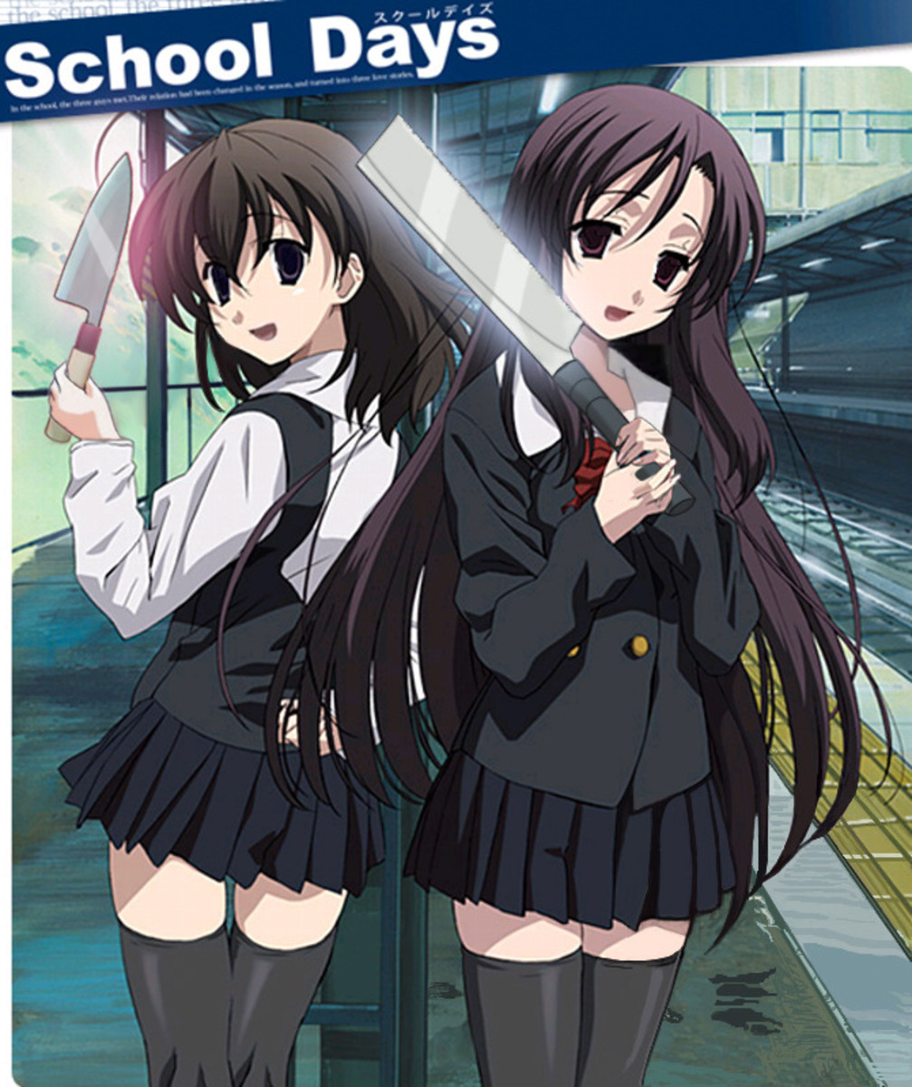 Promotional image of Sekai (left) and Kotonoha (right) and their respective weapons.