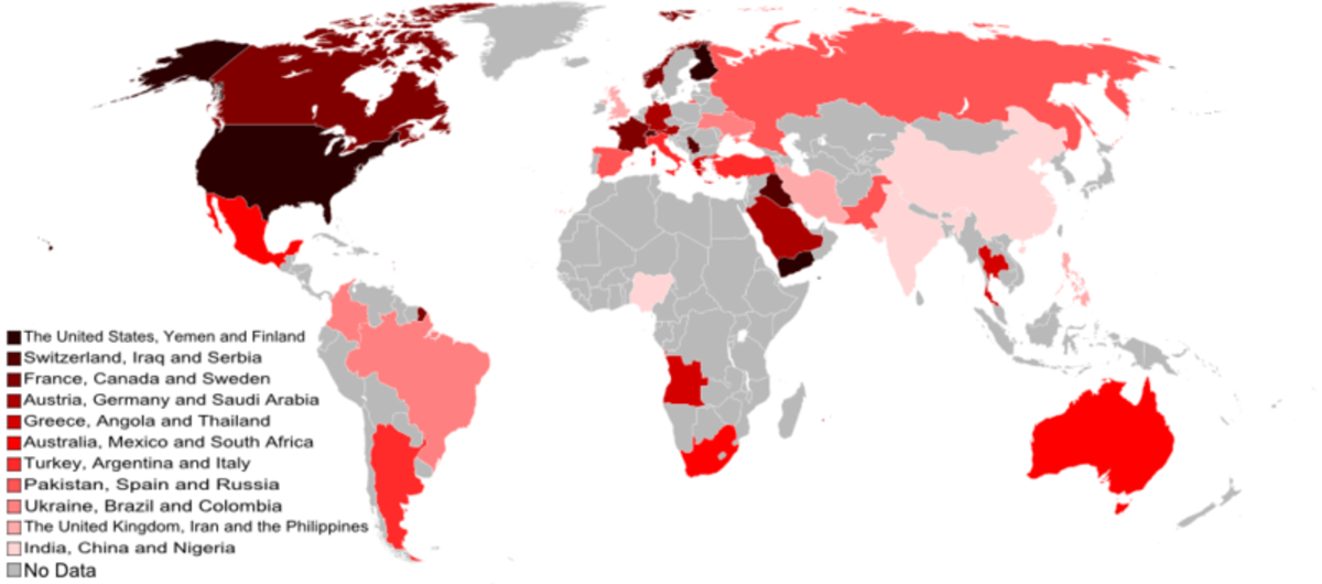 World Map of Countries by Number of Guns per Residents