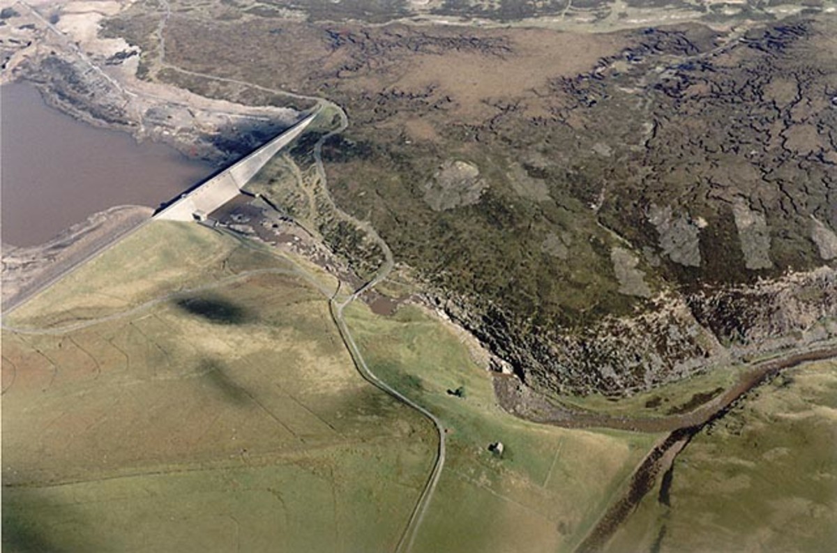 the dam at the south-eastern end of Cow Green Reservoir where three counties once met until 1974, when the North Riding took a step back.