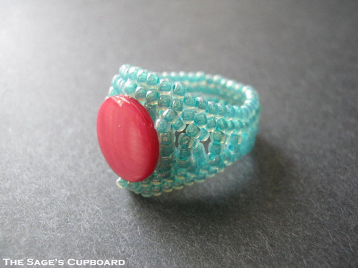 Aqua Pink Ring. Magenta Shell Coin in a Handmade Beaded Turquoise Blue Herringbone Band