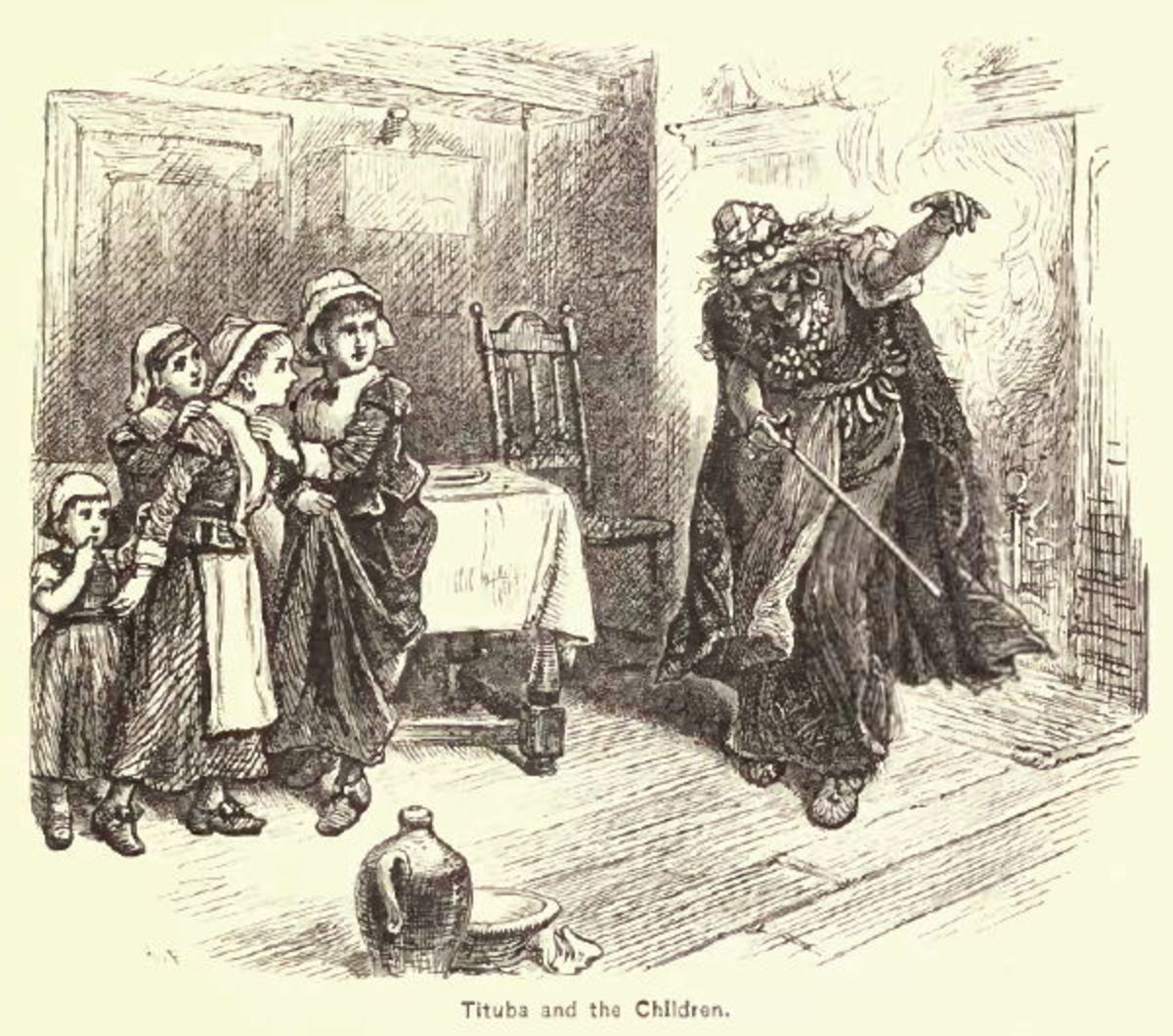 Sketch of Tituba instructing the girls in voodoo.  By Alfred Fredericks.