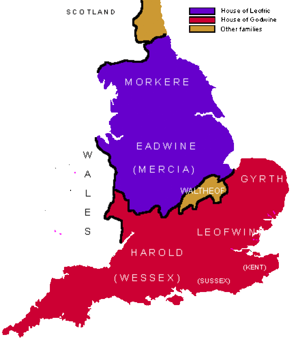 The earldoms in England, 1065, before Harold's coronation early in 1066 at Eadward's Westminster abbey church