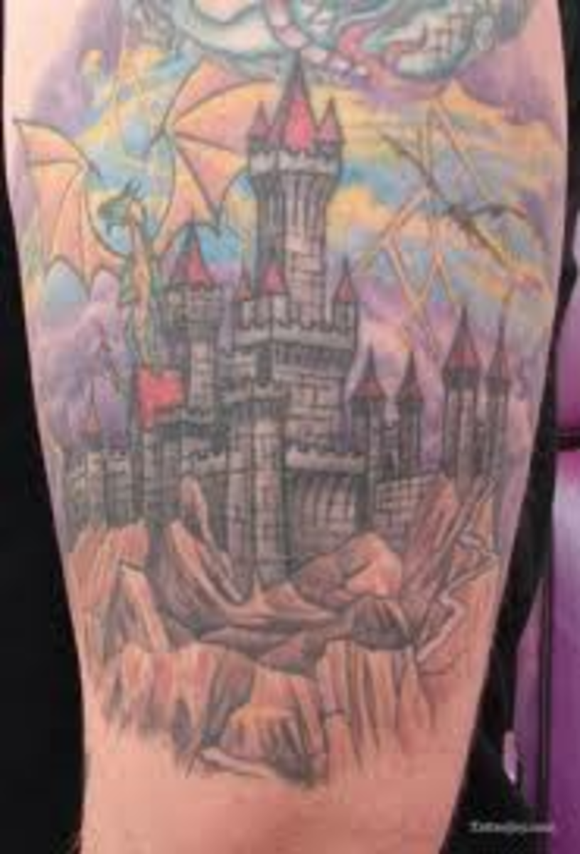 dragon on a castle with black smoke rising around it tattoo design by  twilight designs, in