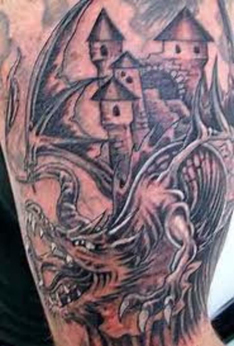 Blackwork Dragon  Castle Tattoo  TATTOOGOTO