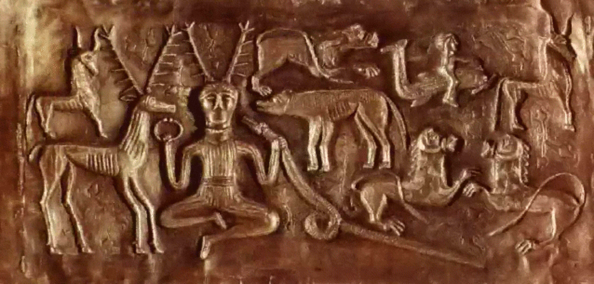 Another depiction of the hunter god Cernunnos, this  being on one of the Gundestrup cauldron panels (Denmark)