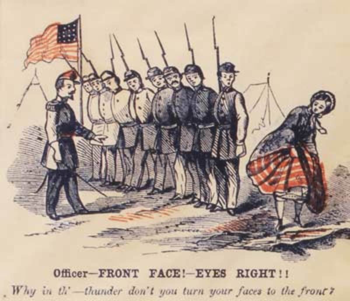 A whimsical cartoon of troops and a lady in a rather fetching (for the 19th century) pose