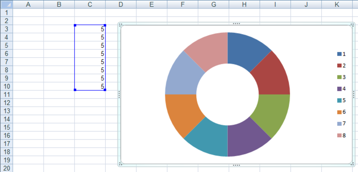 The initial Doughnut chart created in Excel 2007 or Excel 2010, without any configuration.