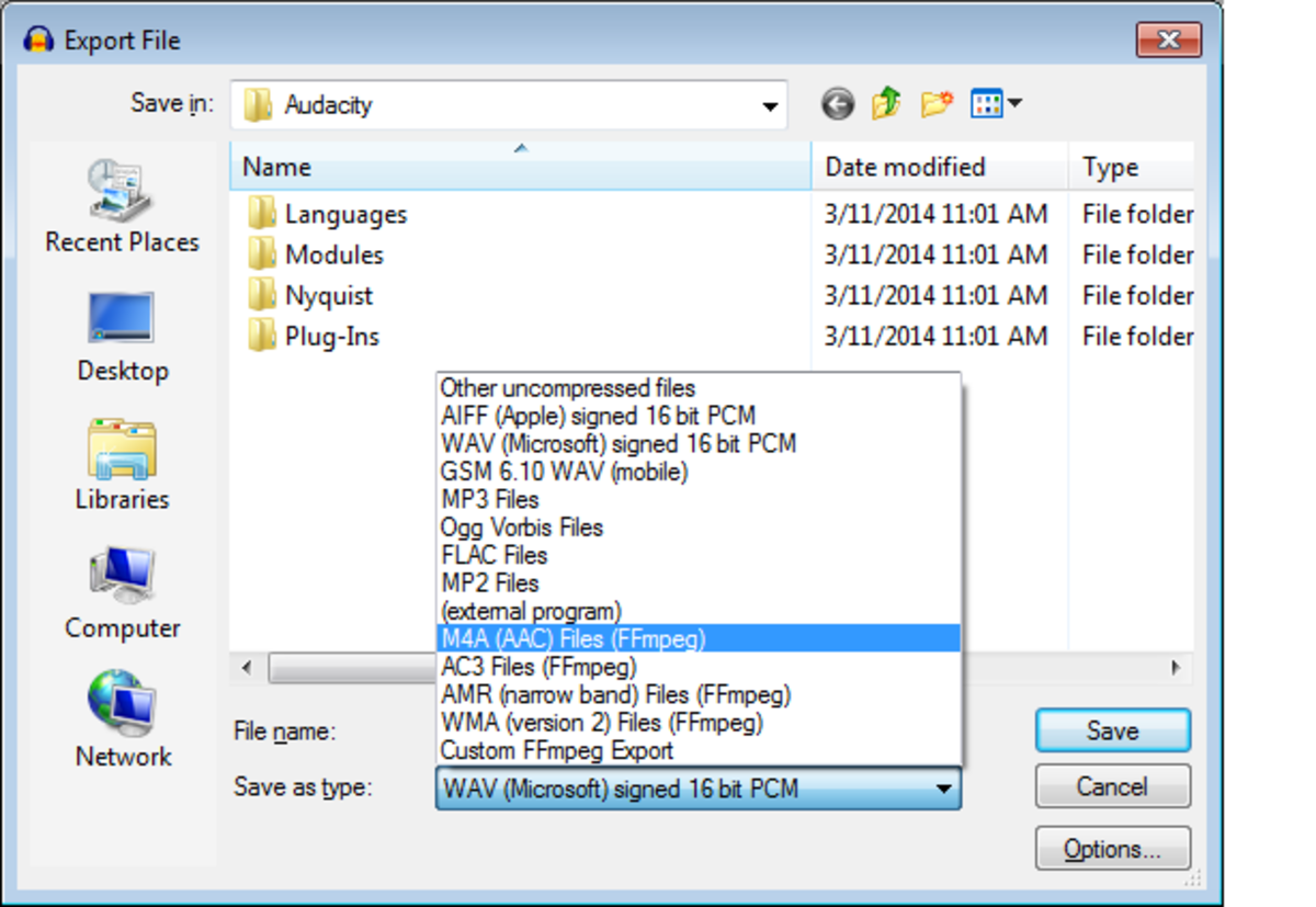 Audacity & FFmpeg plug-in: Export audio selection to AAC (M4A) format, and name "call_ringin"