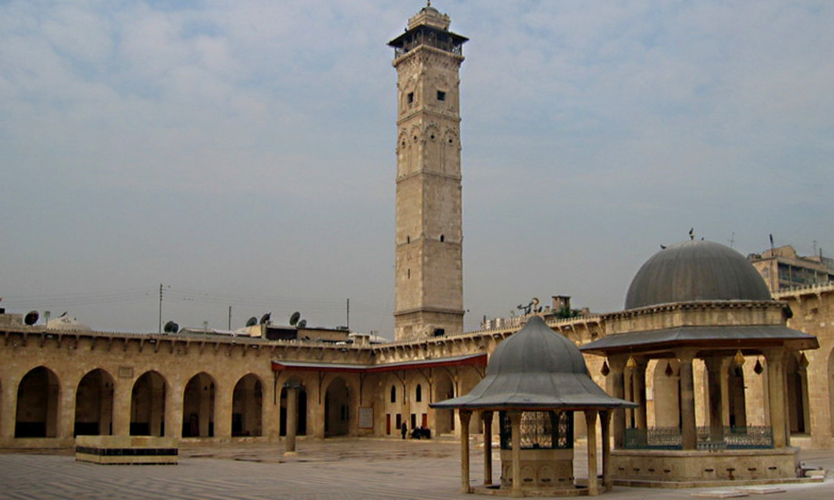 The Great Mosque of Aleppo. Since this photograph was taken in 2005, the minaret has been destroyed and the courtyard has been very heavily damaged