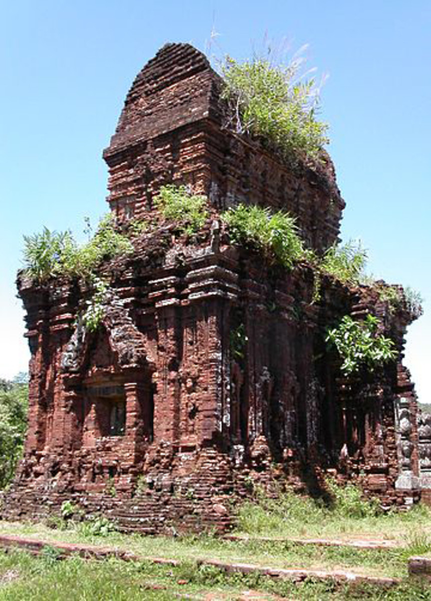 One of the My Son temples in Vietnam. This one still stands, but many were destroyed by American aerial bombing