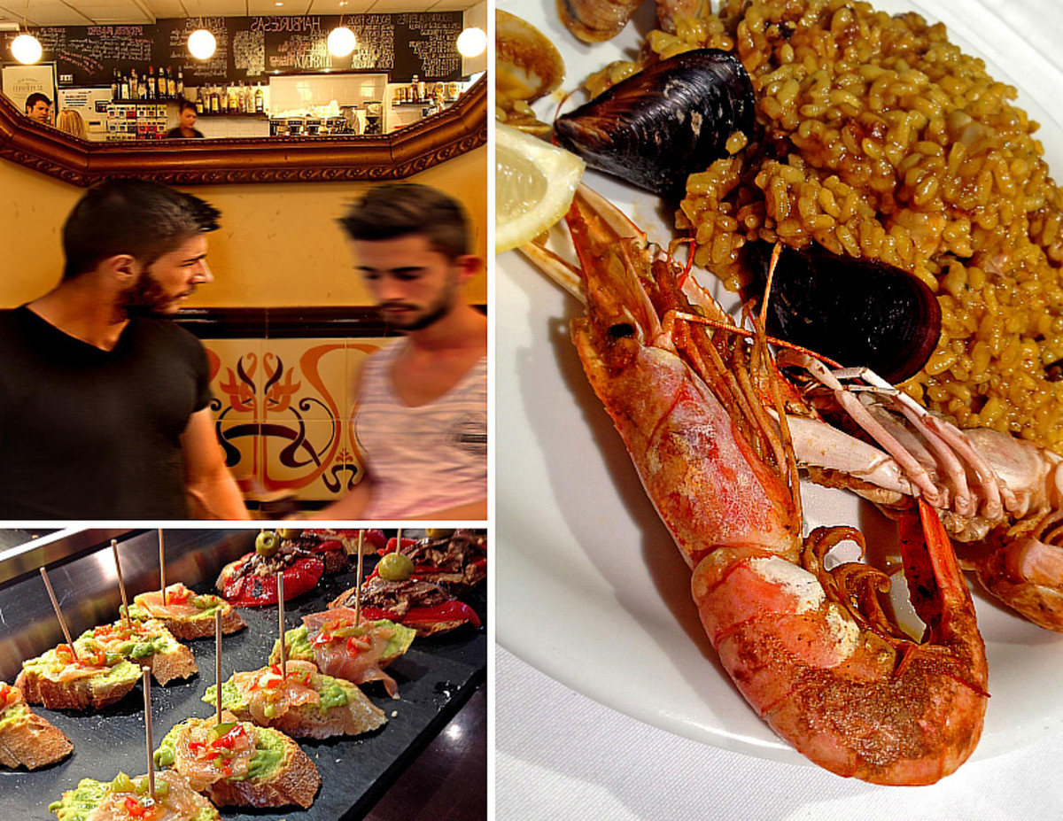 Clockwise from top left: coffee shop rendezvous; seafood paella at La Taberna Del Peurto; Eguzki's delectable tapas.