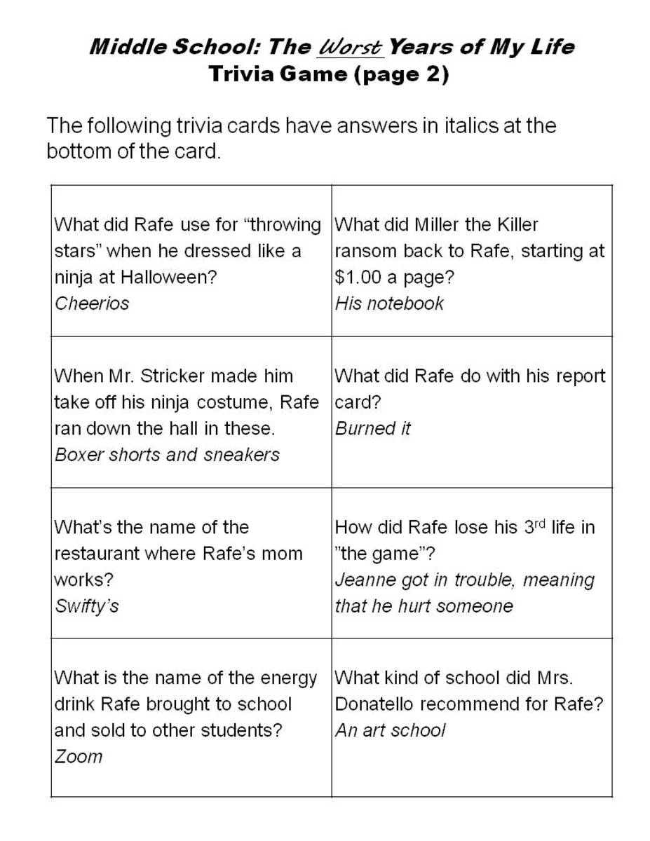 Printable Trivia Cards for Middle School: The Worst Years of My Life -- Page 2