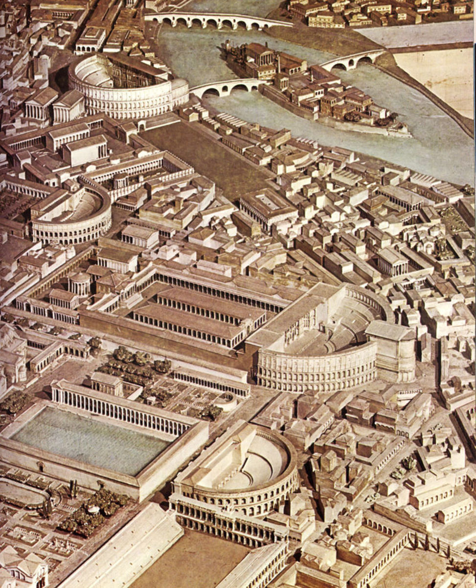 Model of the ancient Campus Martius around AD 300. Included porticoes Octavia (built after sister, promoting family) and Argum Nortem (Depicts Agrippa's victory of Actium)