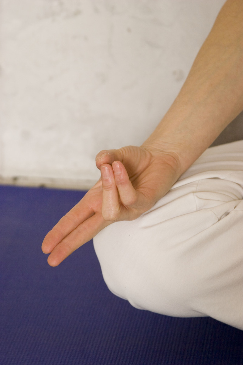 Form Vishnu Mudra with right hand for alternate nostril breathing (Anuloma Viloma).  The breath is connected with life energy.  By learning to regulate the breath, we purify and open natural channels for energy to move freely. 
