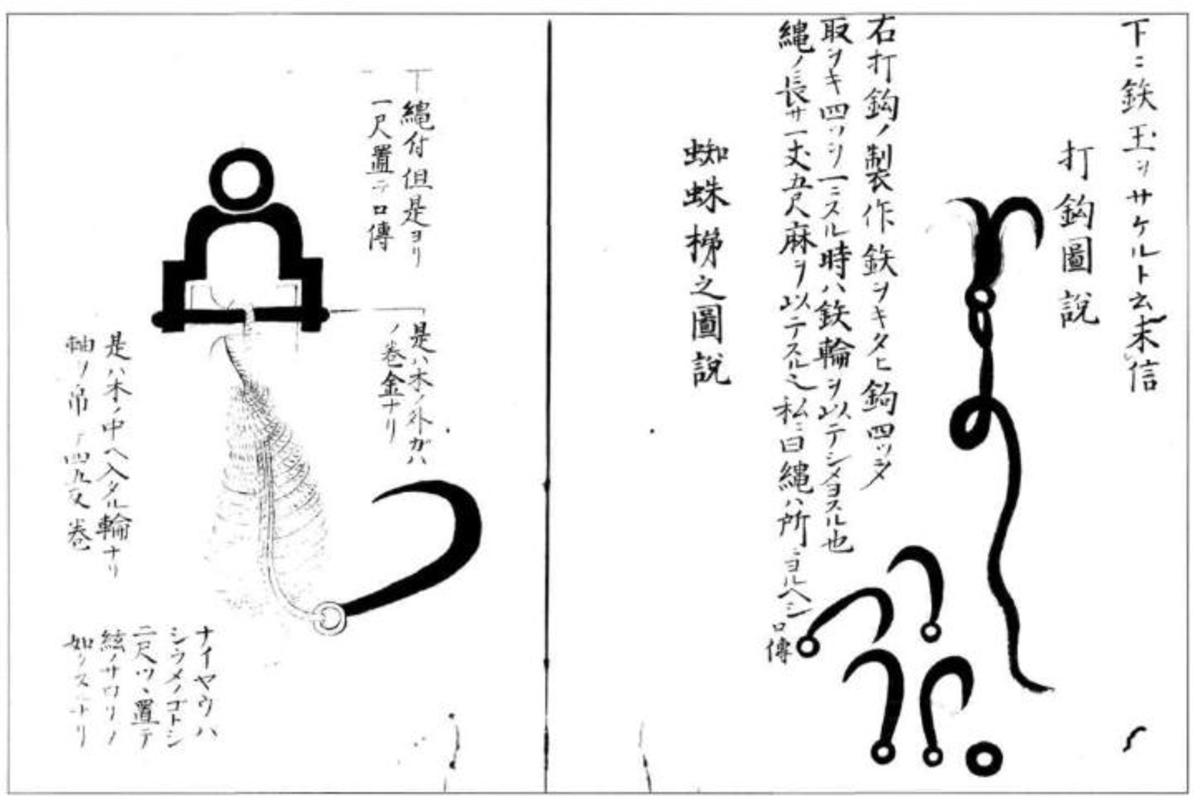 Ropes and hooks as illustrated in Bansen Shukai, a manual of ninja lore from 1683. Click to enlarge.