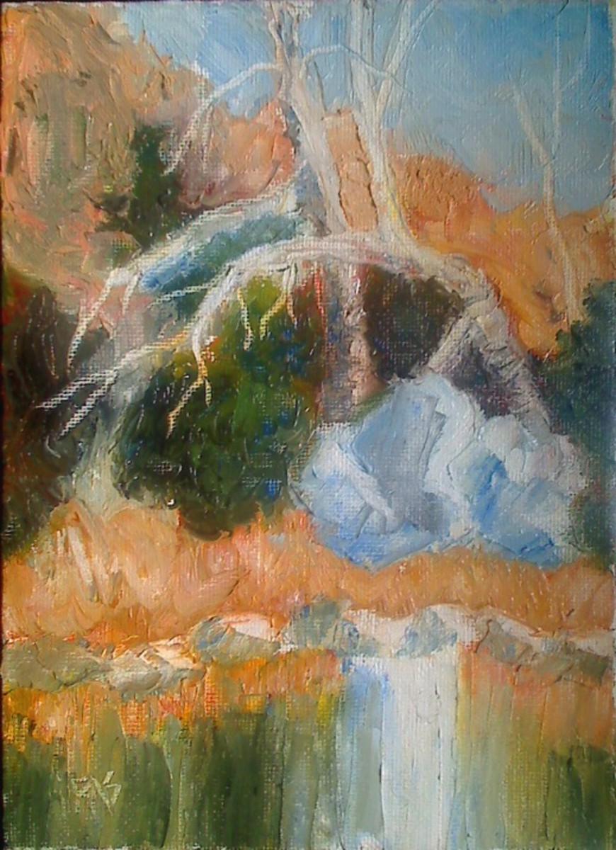 "Oyster Creek" painting by Robert A. Sloan from photo by halthepainter on WetCanvas.com, done with R&F Pigment Sticks on canvas board. 5" x 7"