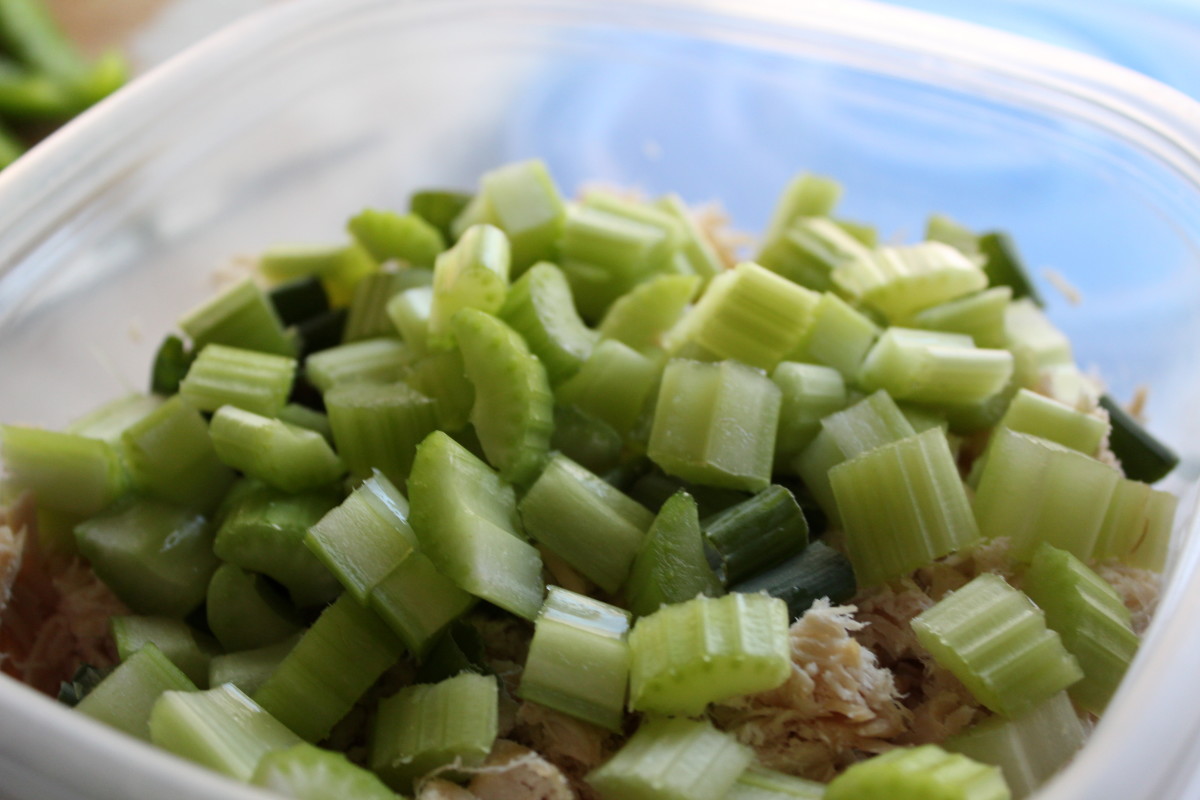 Shredded chicken with celery, pepper, and green onion, ready to be mixed with Ranch dressing and sour cream.