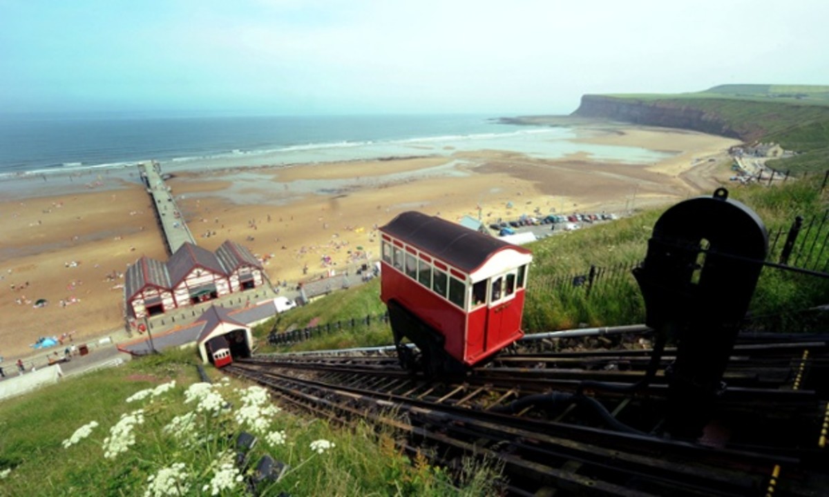 Saltburn Pier, the cliff lift - the only one on this coast still operated with seawater weighting - and Huntcliff in the distance 
