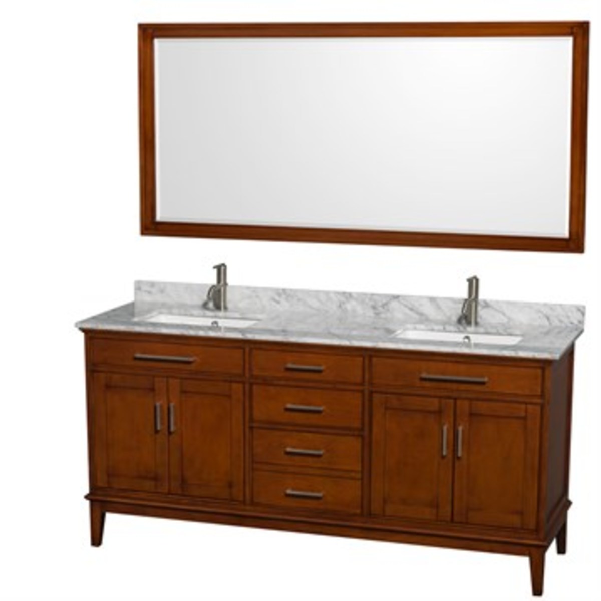 The Wyndham Hatton vanity comes in a chestnut finish that complements a Craftsman home's woodwork. The rectangular sink basins give it a current feel.