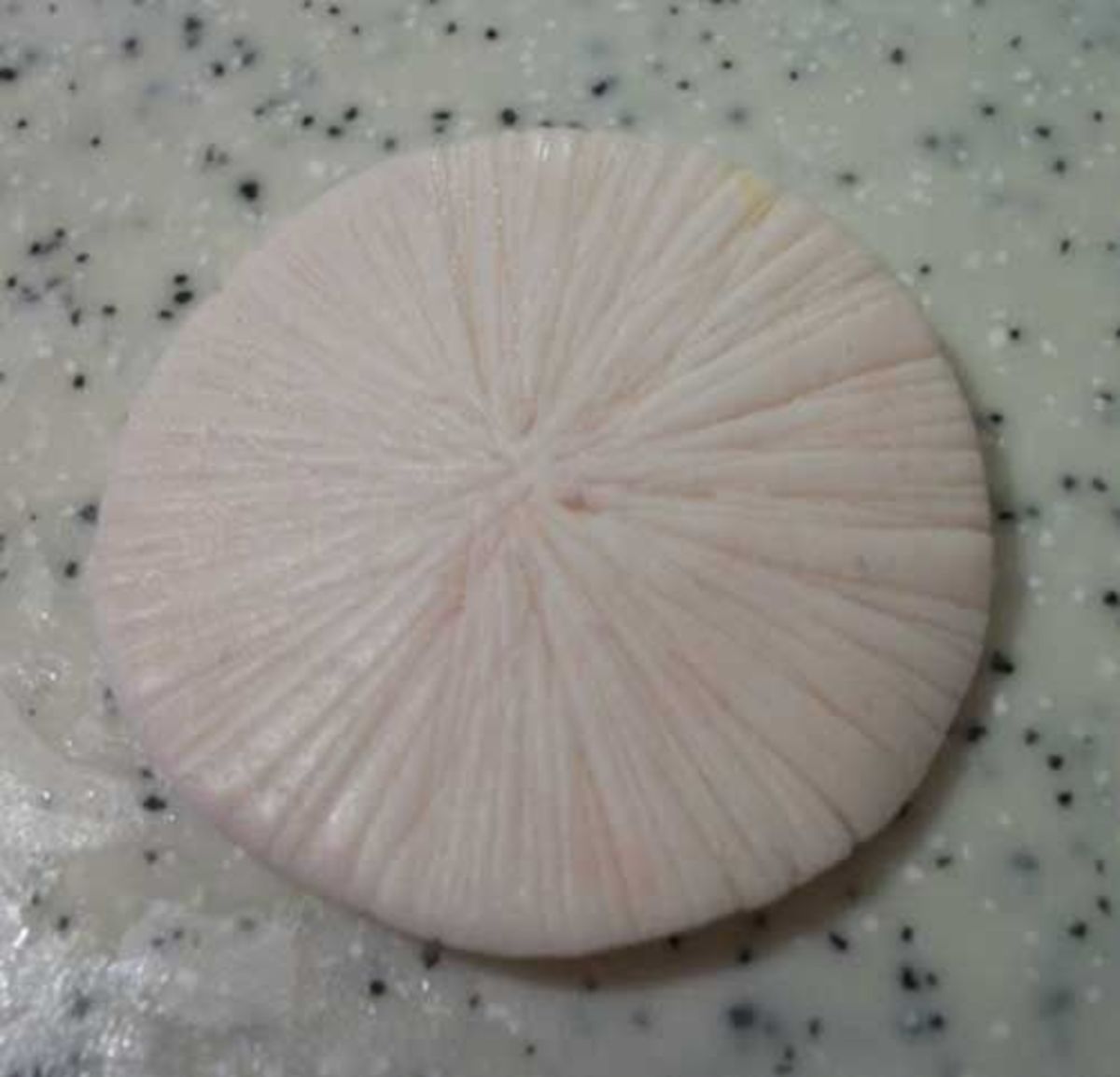 Flatten the ball and then score it with an X-Acto knife. This will be the underside of the mushroom cap.
