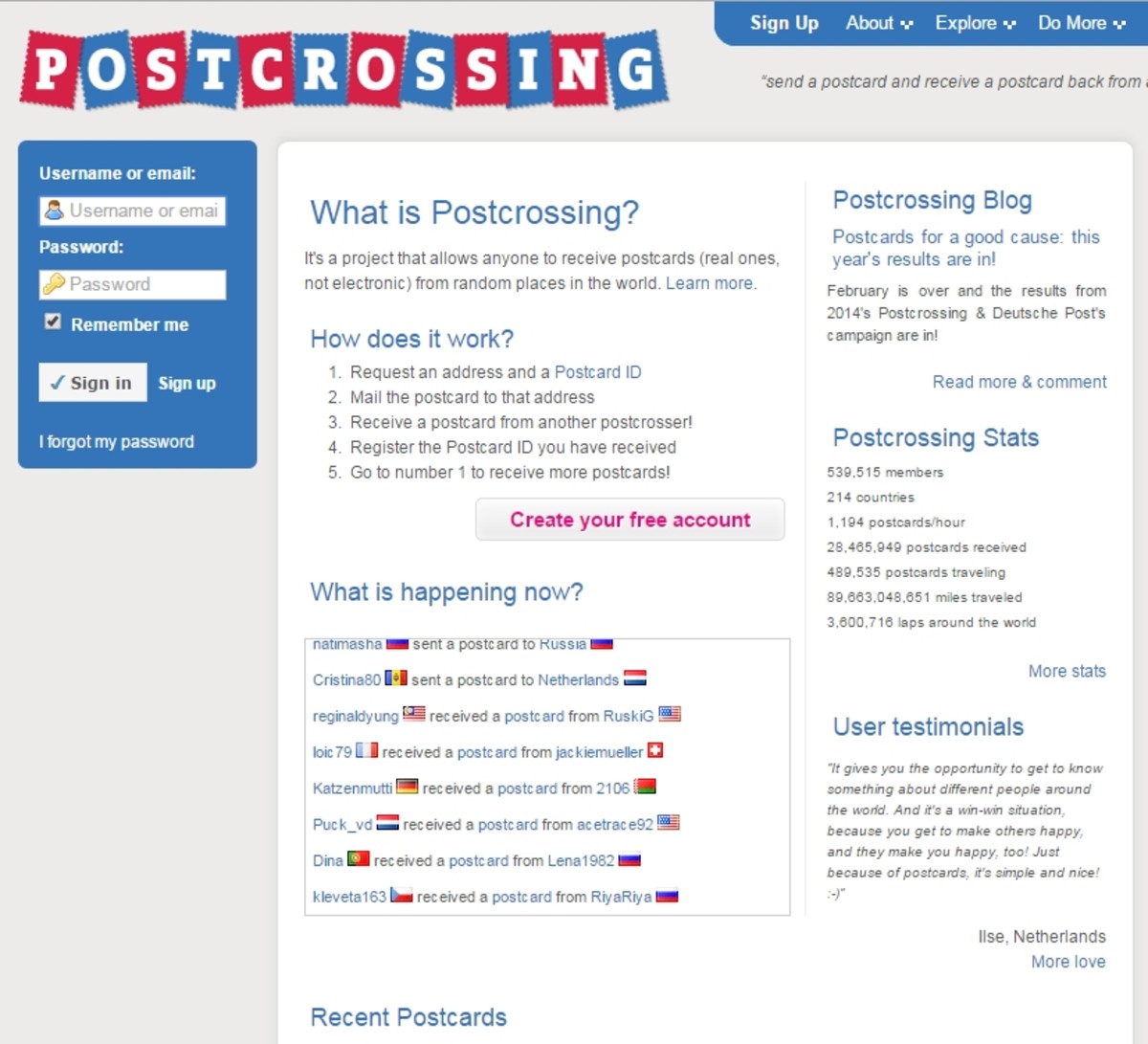 Screen shot of the Postcrossing website